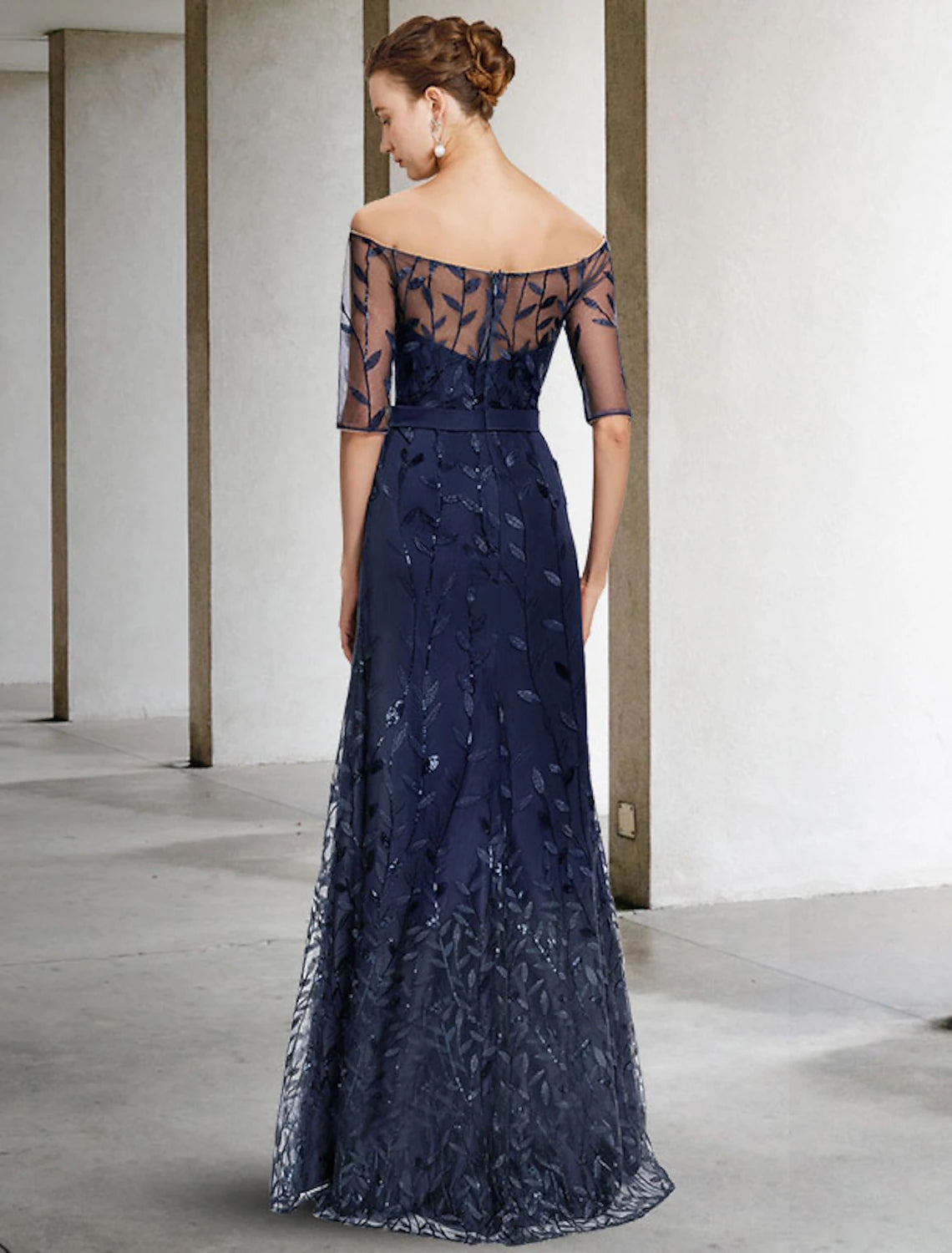 Wholesale  A-Line Mother of the Bride Dress Elegant Sparkle & Shine Off Shoulder Floor Length Lace Tulle Half Sleeve with Sequin Appliques